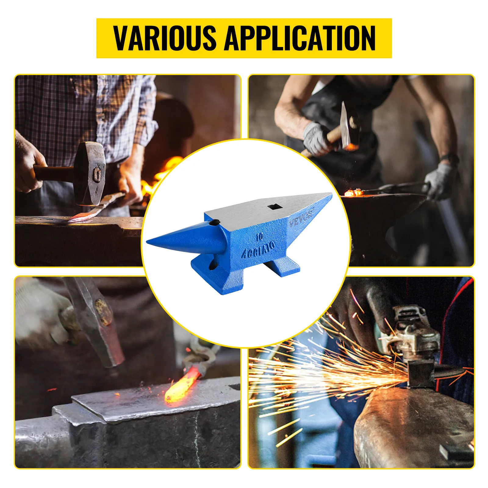 Incudine da fabbro VEVOR utilizzata in varie applicazioni con martello, fucina e smerigliatrice.
