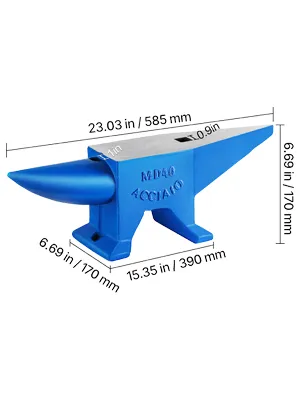 VEVOR blacksmith anvil, blue, 23.3" length, 6.7" height, with horn and base.