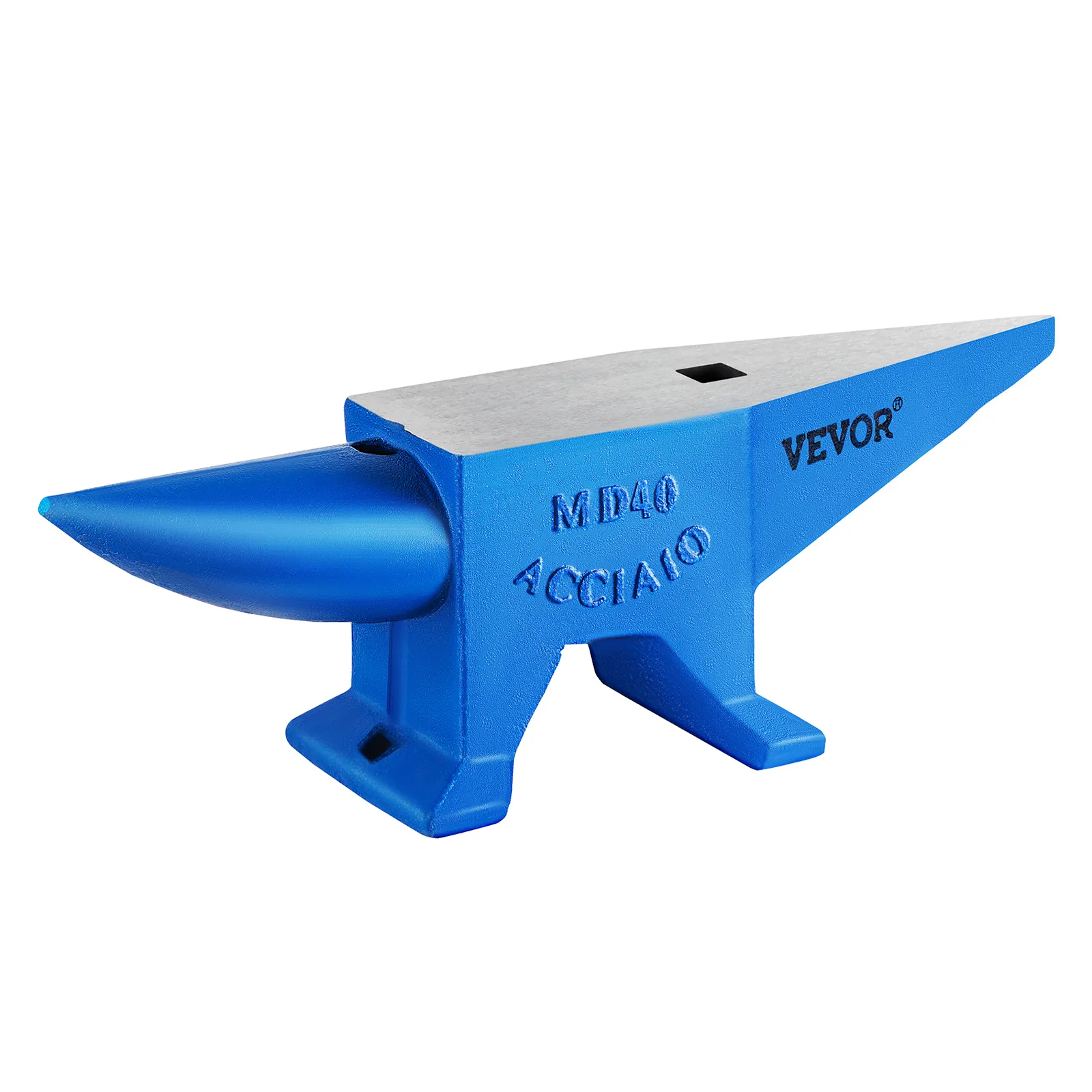 blue VEVOR blacksmith anvil with a pointed horn and flat working surface