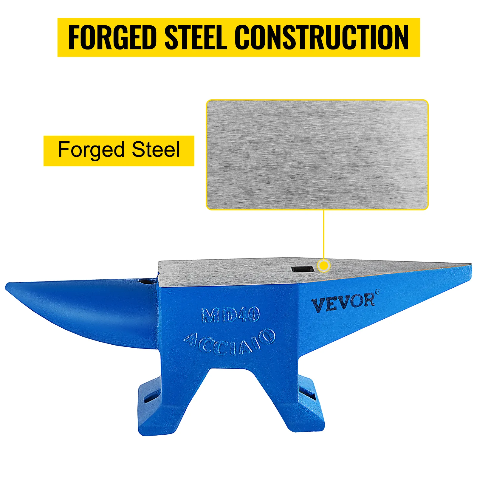 VEVOR blacksmith anvil with forged steel construction, blue base, and flat work surface.