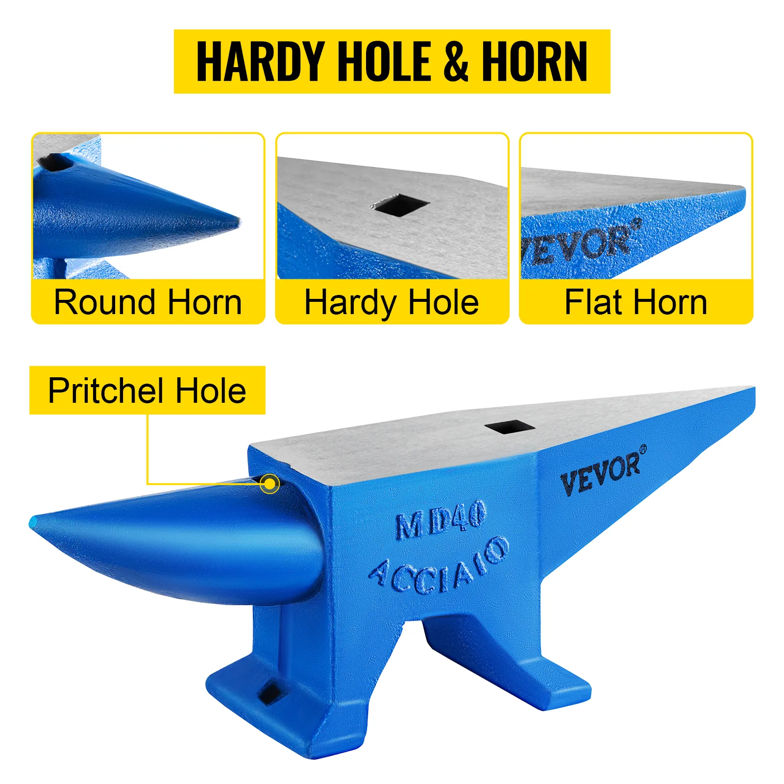 VEVOR blacksmith anvil with hardy and pritchel holes, round and flat horns.