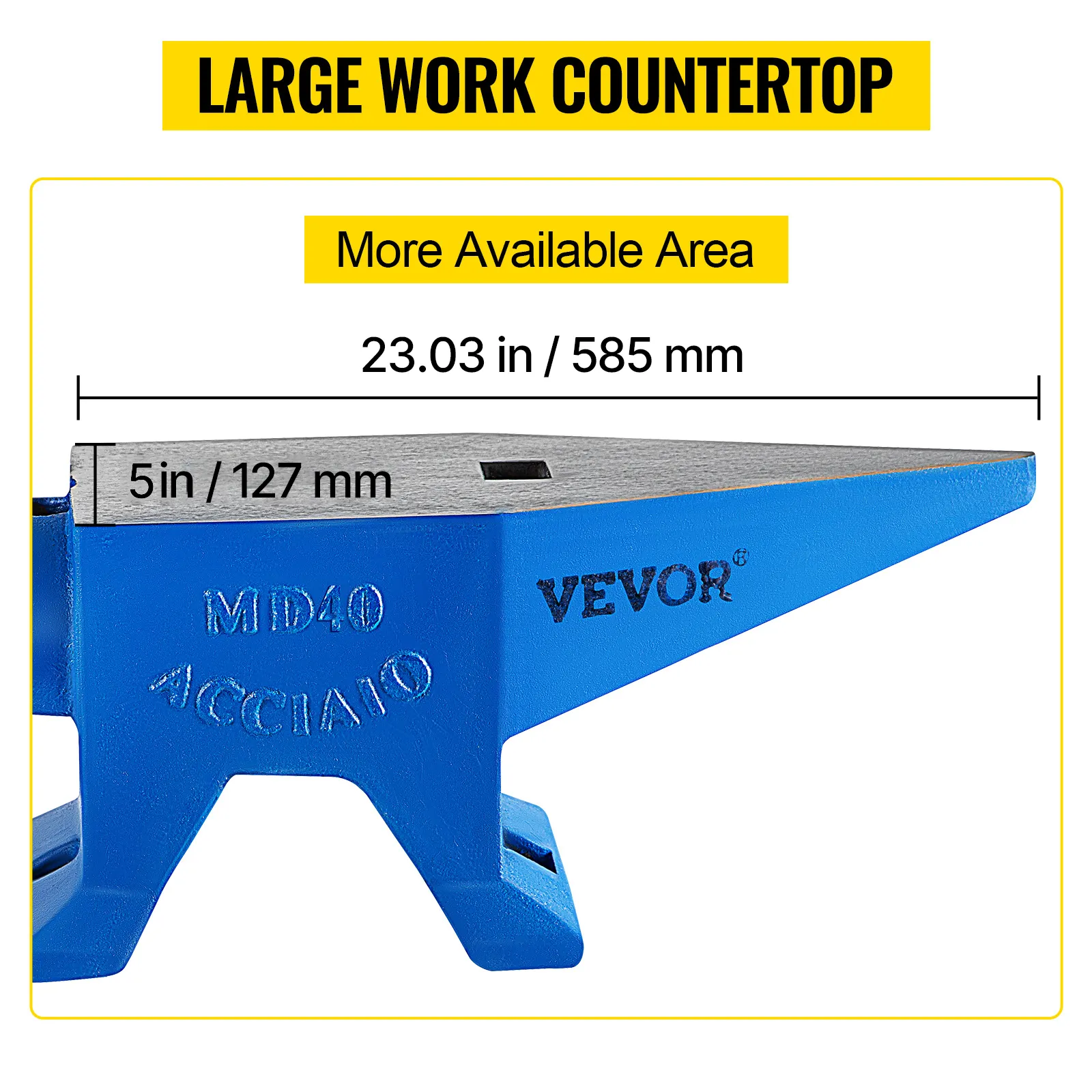 VEVOR blacksmith anvil with large work countertop and dimensions 15.6in x 5in.