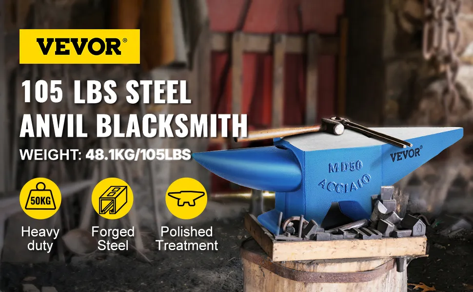 VEVOR anvil 110 lbs steel blacksmith with 50kg weight, heavy-duty forged steel.