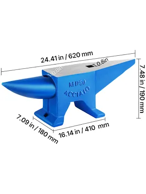 blue VEVOR anvil with measurements: 23in l, 6.5in w, 7.4in h.