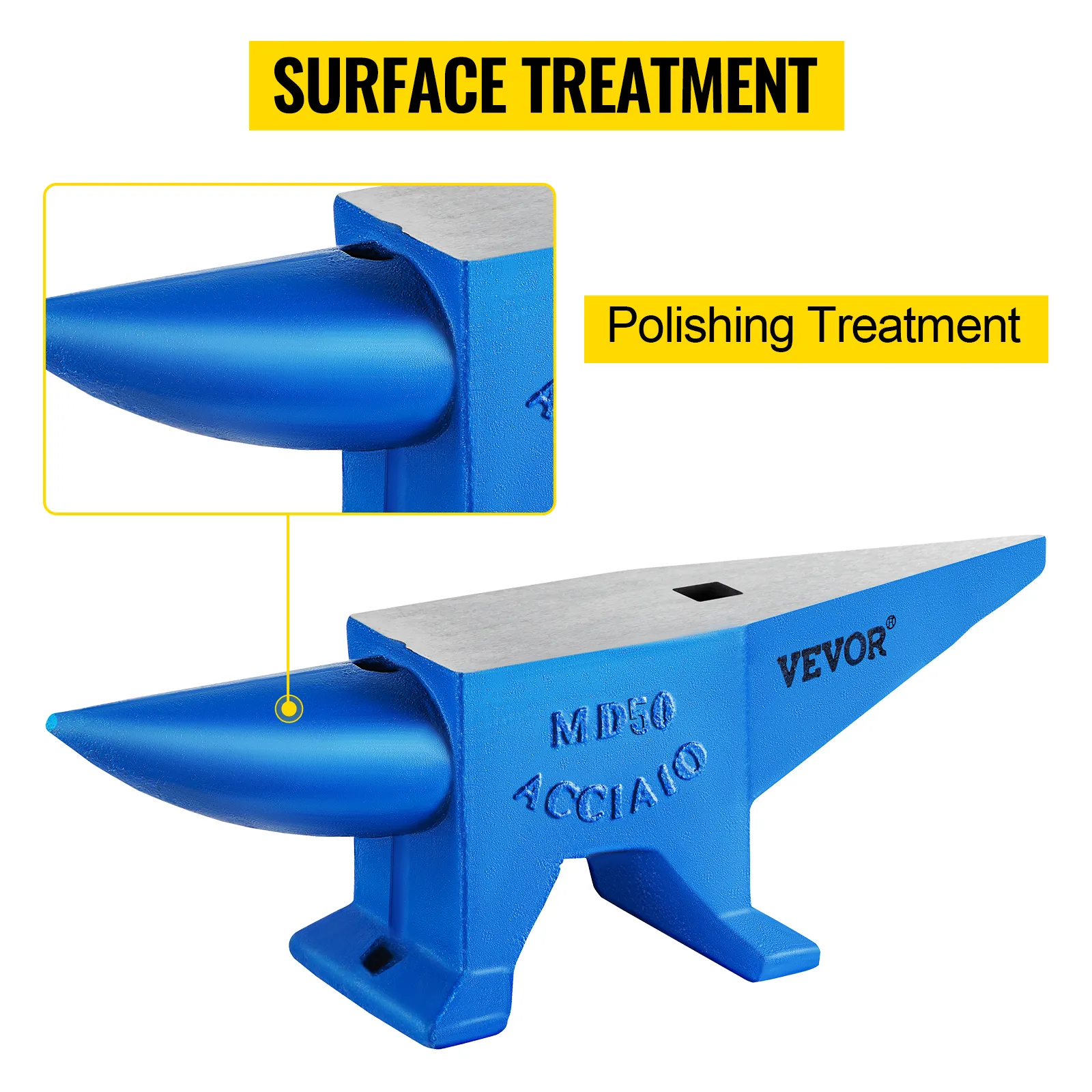 VEVOR anvil with polished blue surface and close-up detailing.