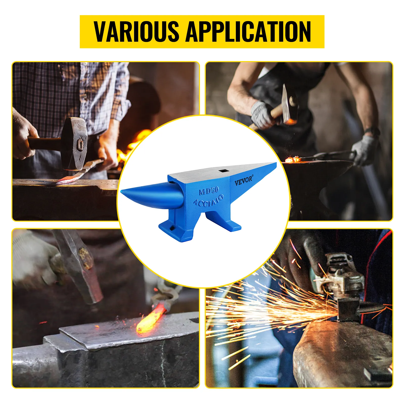 VEVOR anvil in various blacksmithing applications with forging and metalwork scenes.