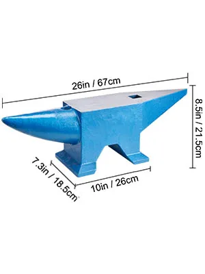 VEVOR blacksmith anvil, blue, with dimensions labeled: 26in l, 10in base, 8.5in h.