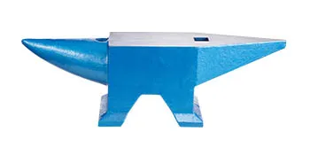blue VEVOR blacksmith anvil with flat top and pointed horn.