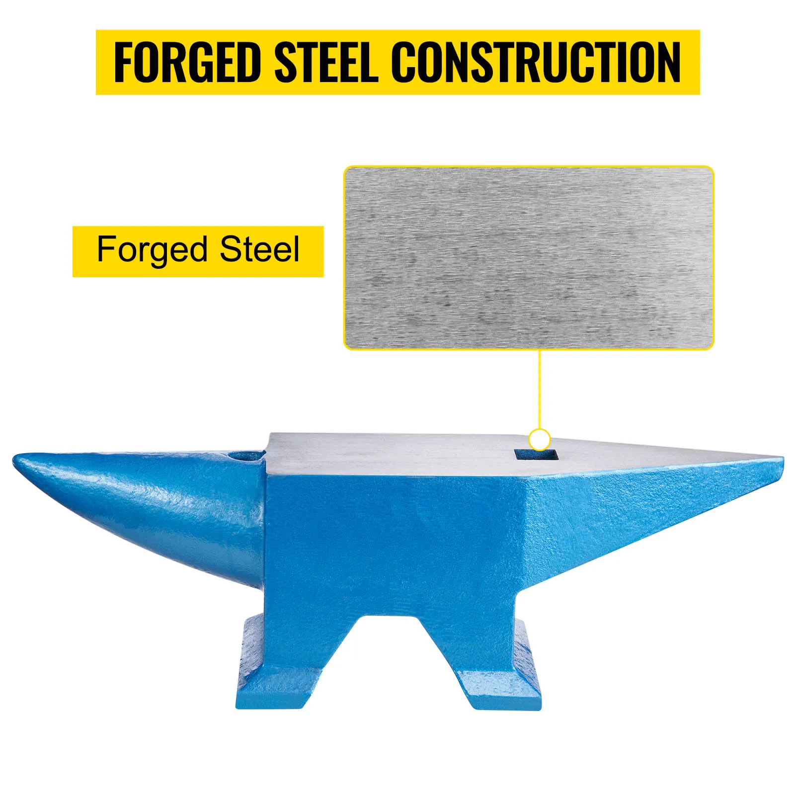 VEVOR blacksmith anvil with forged steel construction and blue base.