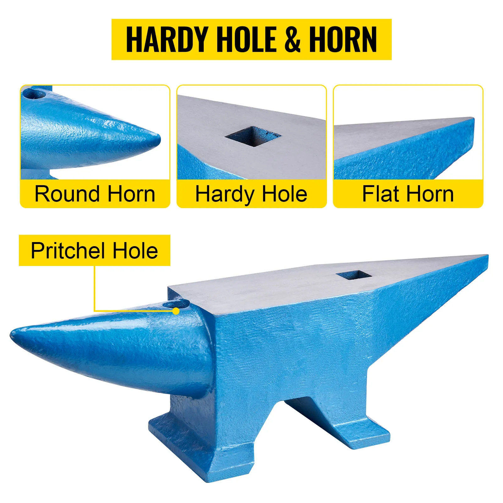VEVOR blacksmith anvil with horn, pritchel hole, hardy hole, and flat horn.