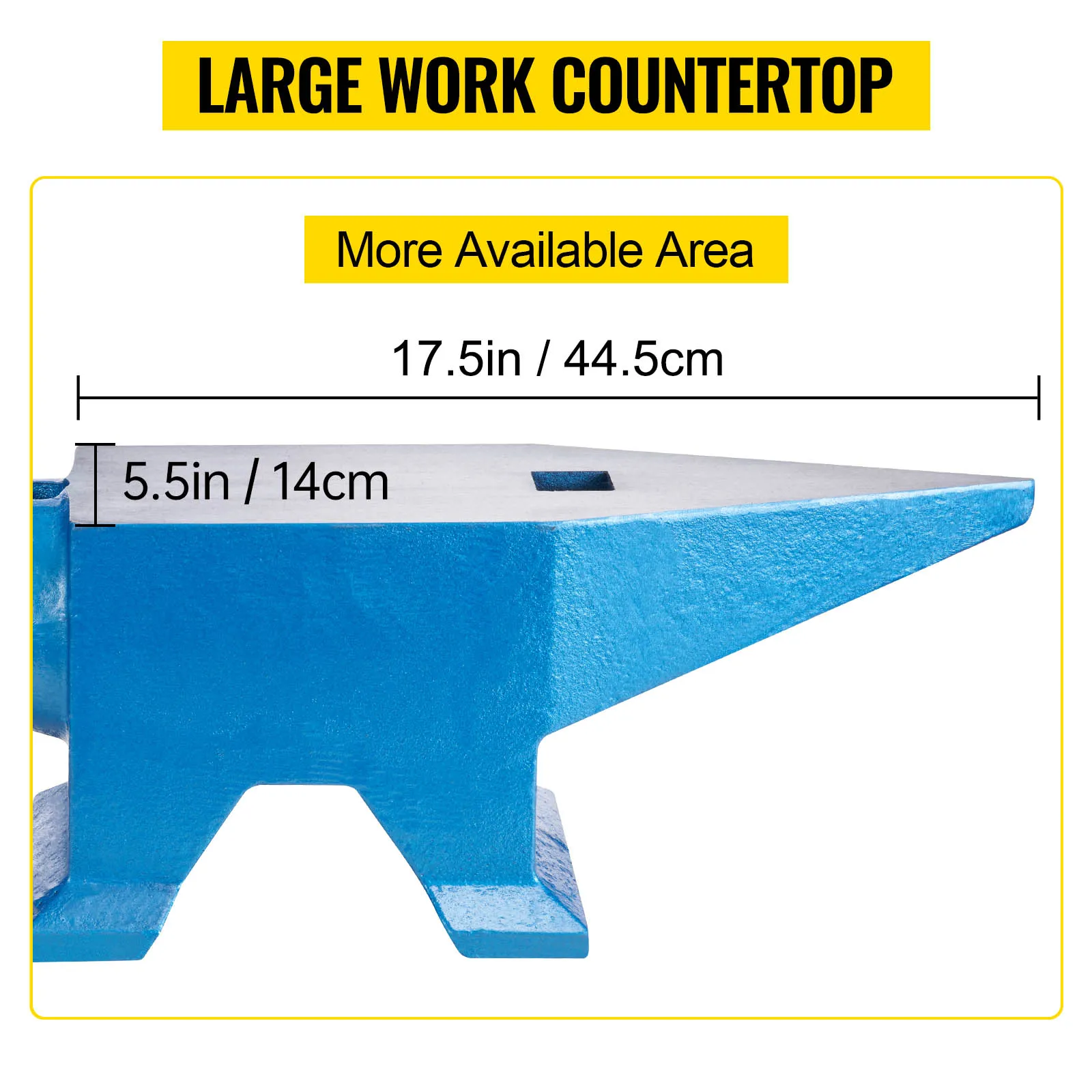 VEVOR blacksmith anvil with 17.5in x 5.5in blue base and large work countertop.