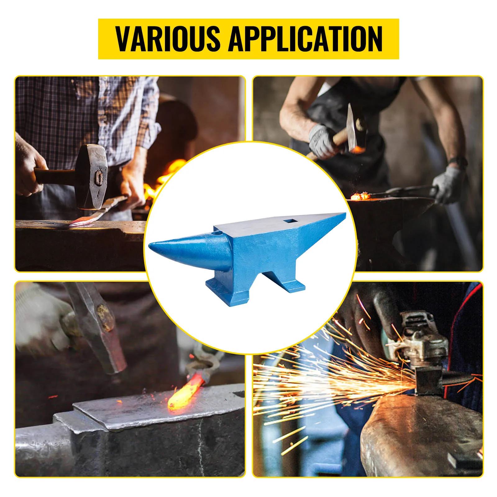 VEVOR blacksmith anvil used in various metal forging applications.