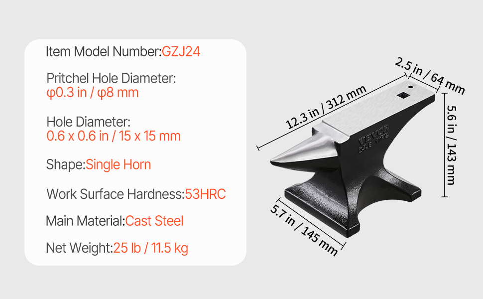 VEVOR Single Horn Anvil - 25lbs, 12.3x2.5 inch, 70% Rebound
