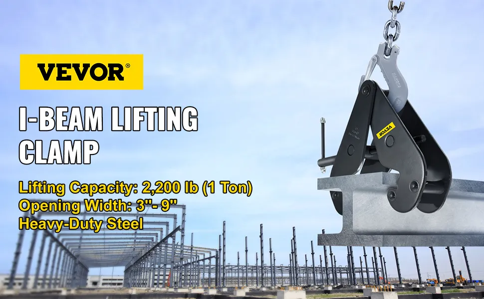VEVOR beam clamp lifting 2200 lb steel i-beam at a construction site.