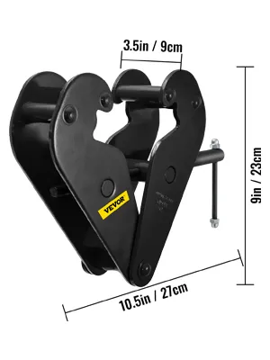 VEVOR beam clamp, black, 10.5in width, 9in height, 3.5in thickness, with yellow label.