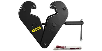 black VEVOR beam clamp with handle and included strap on white background.