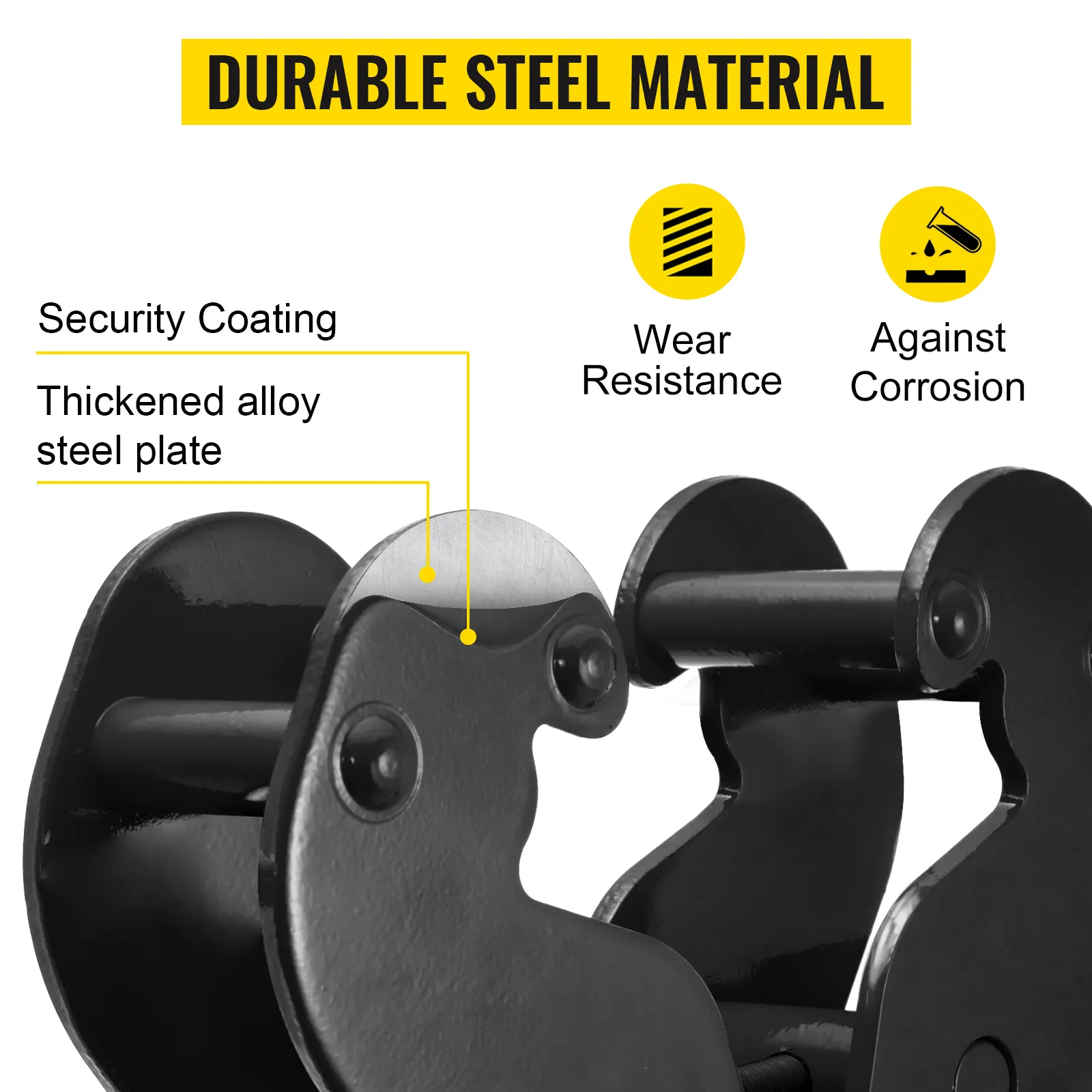 VEVOR beam clamp made of durable steel, with wear resistance and corrosion protection.