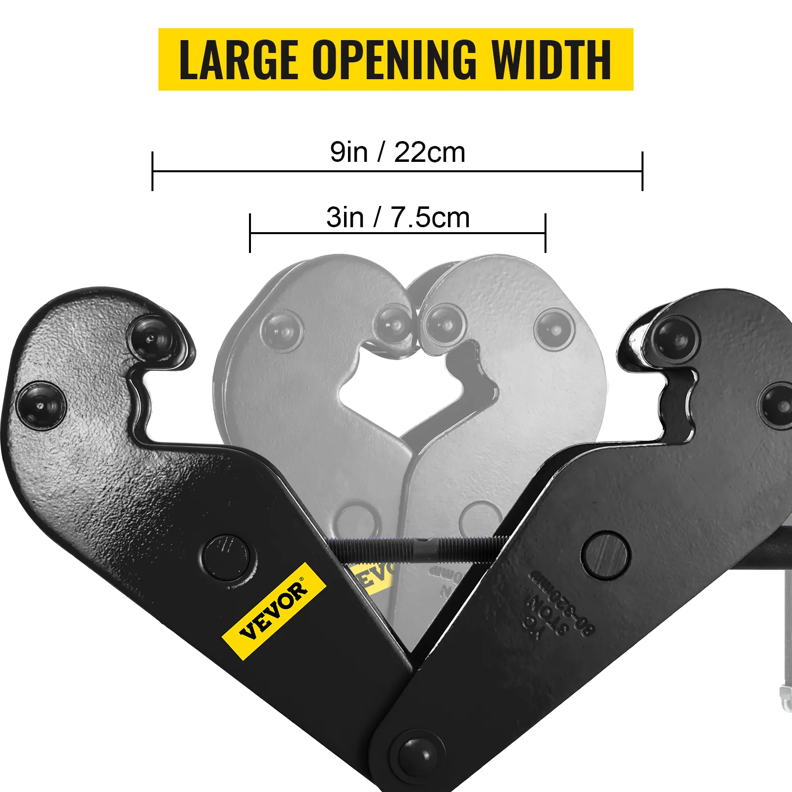 VEVOR beam clamp with large opening width of 9in and 3in, black finish.