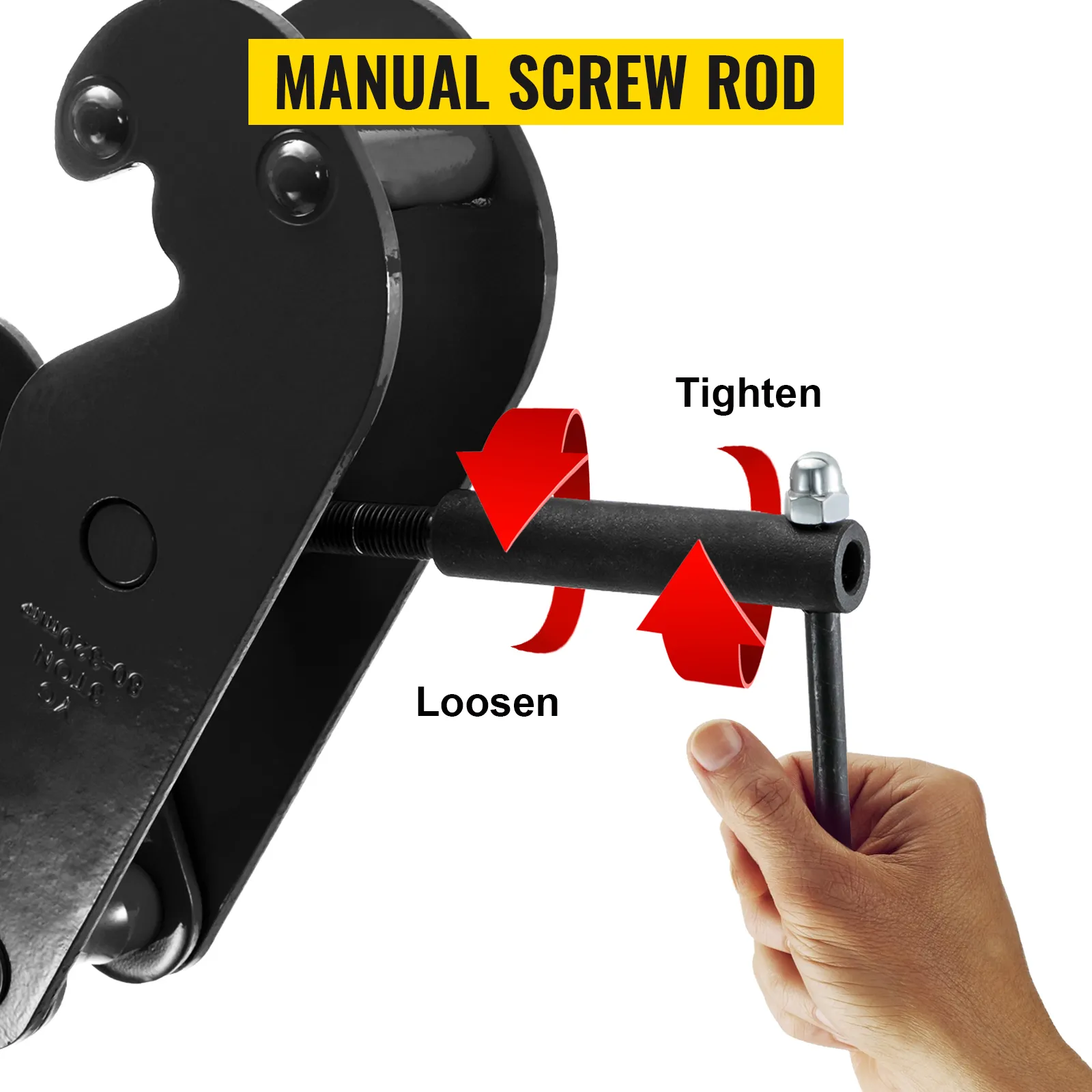 hand adjusting VEVOR beam clamp using manual screw rod to tighten or loosen.