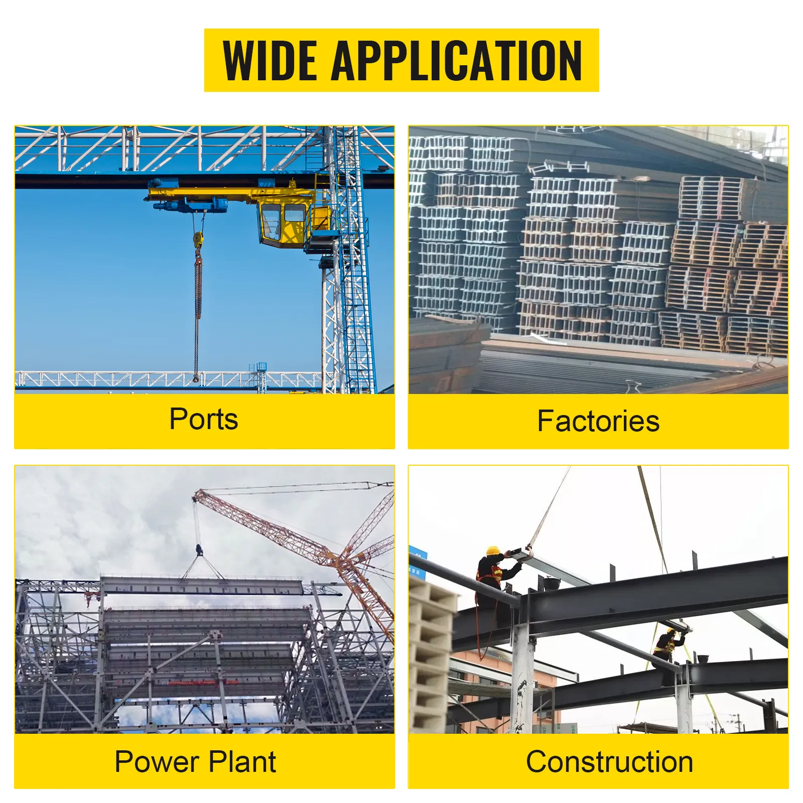 VEVOR beam clamp used in ports, factories, power plants, and construction projects.