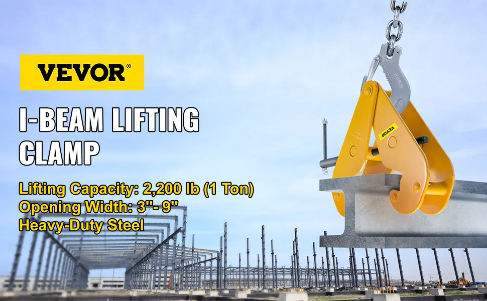 Abrazadera para viga VEVOR que eleva vigas de acero en forma de I en el sitio de construcción con detalles de capacidad.