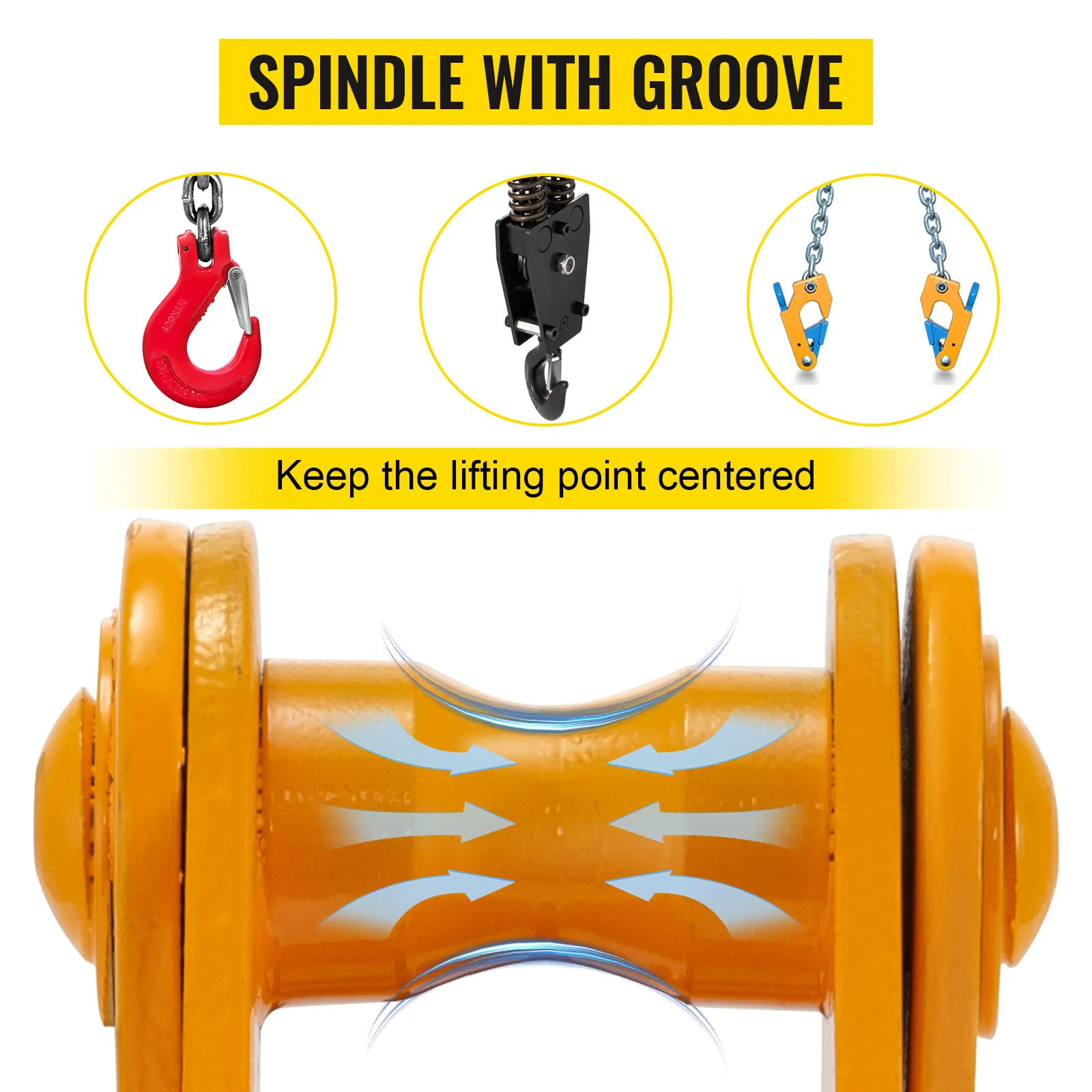 Abrazadera de viga VEVOR con ranura para husillo y ganchos para elevación y sujeción de cargas.