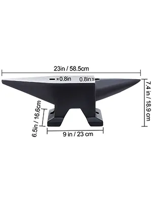VEVOR gietijzeren aambeeld met de volgende afmetingen: 23 inch lang, 7,4 inch hoog en 9 inch basisbreedte.