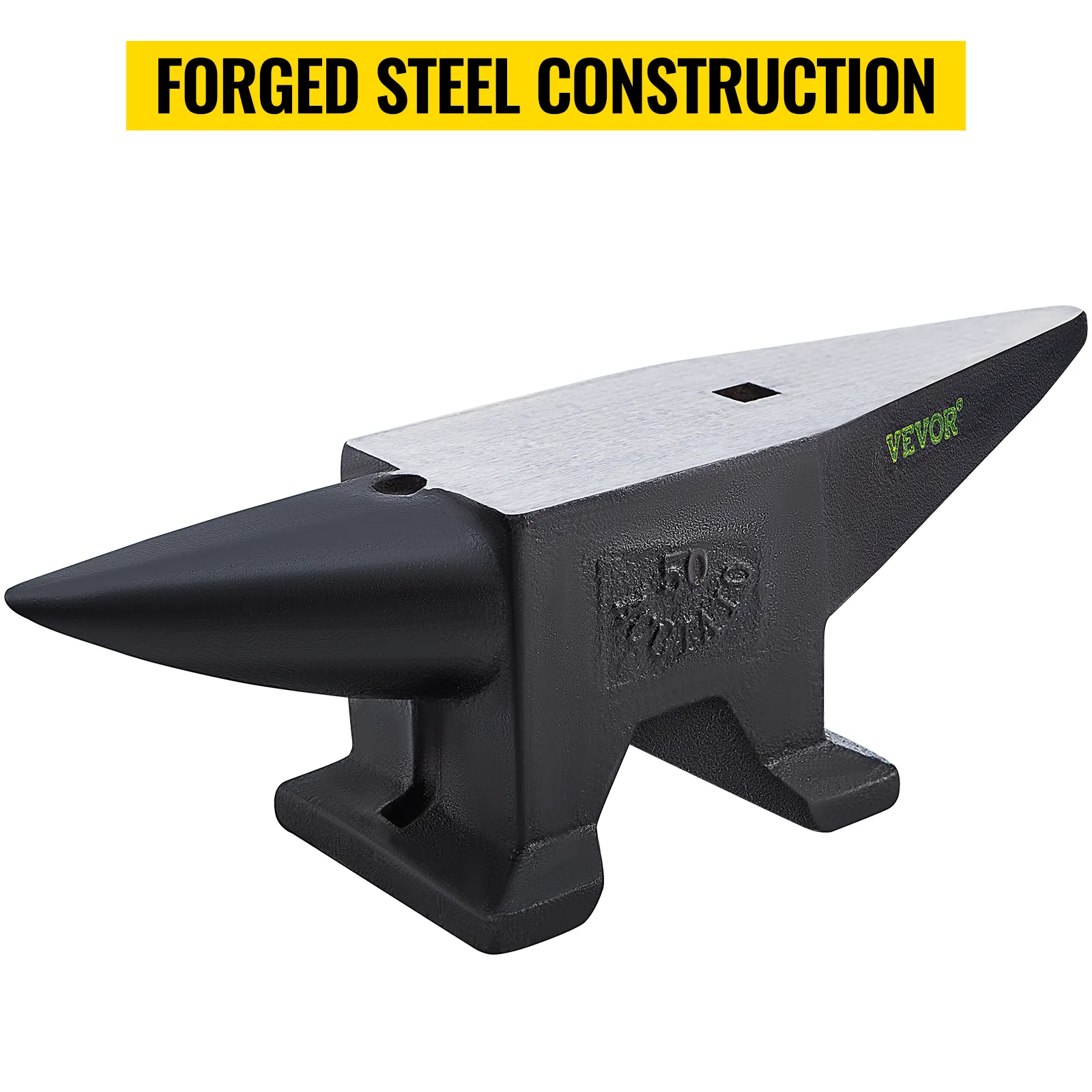 VEVOR gietijzeren aambeeld met taps toelopende hoorn en de tekst 'gesmede stalen constructie' erboven.