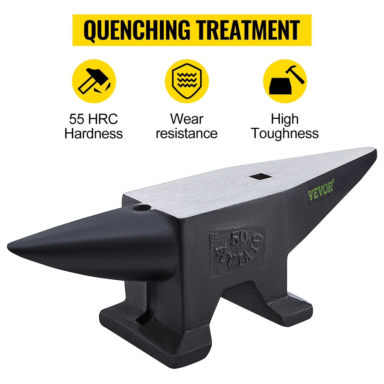 VEVOR gietijzeren aambeeld met een hardheid van 55 hrc, slijtvastheid, hoge taaiheid en blusbehandeling.