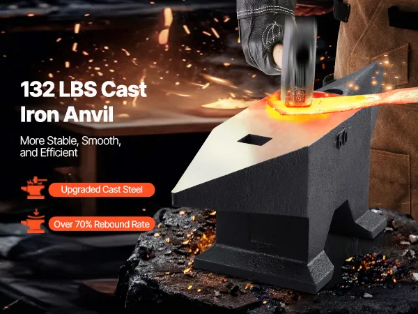 VEVOR cast iron anvil 132 lbs, blacksmith tools on stump with heavy-duty, quenching treatment, high rigidity.