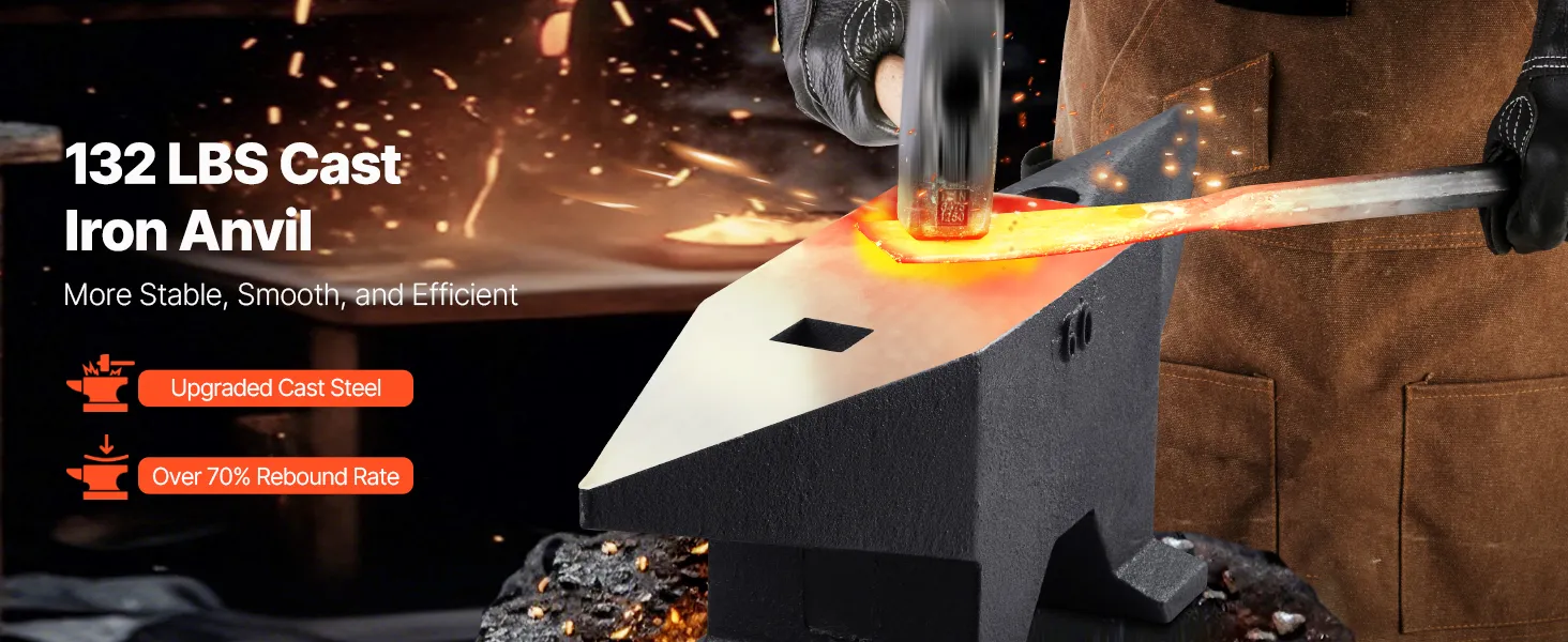 VEVOR cast iron anvil 132 lbs, blacksmith tools on stump with heavy-duty, quenching treatment, high rigidity.