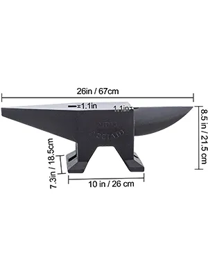 VEVOR cast iron anvil with dimensions: 26in x 10in x 8.5in, detailed side view.