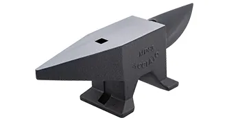 black VEVOR cast iron anvil with smooth flat top, square hardy hole and curved horn.