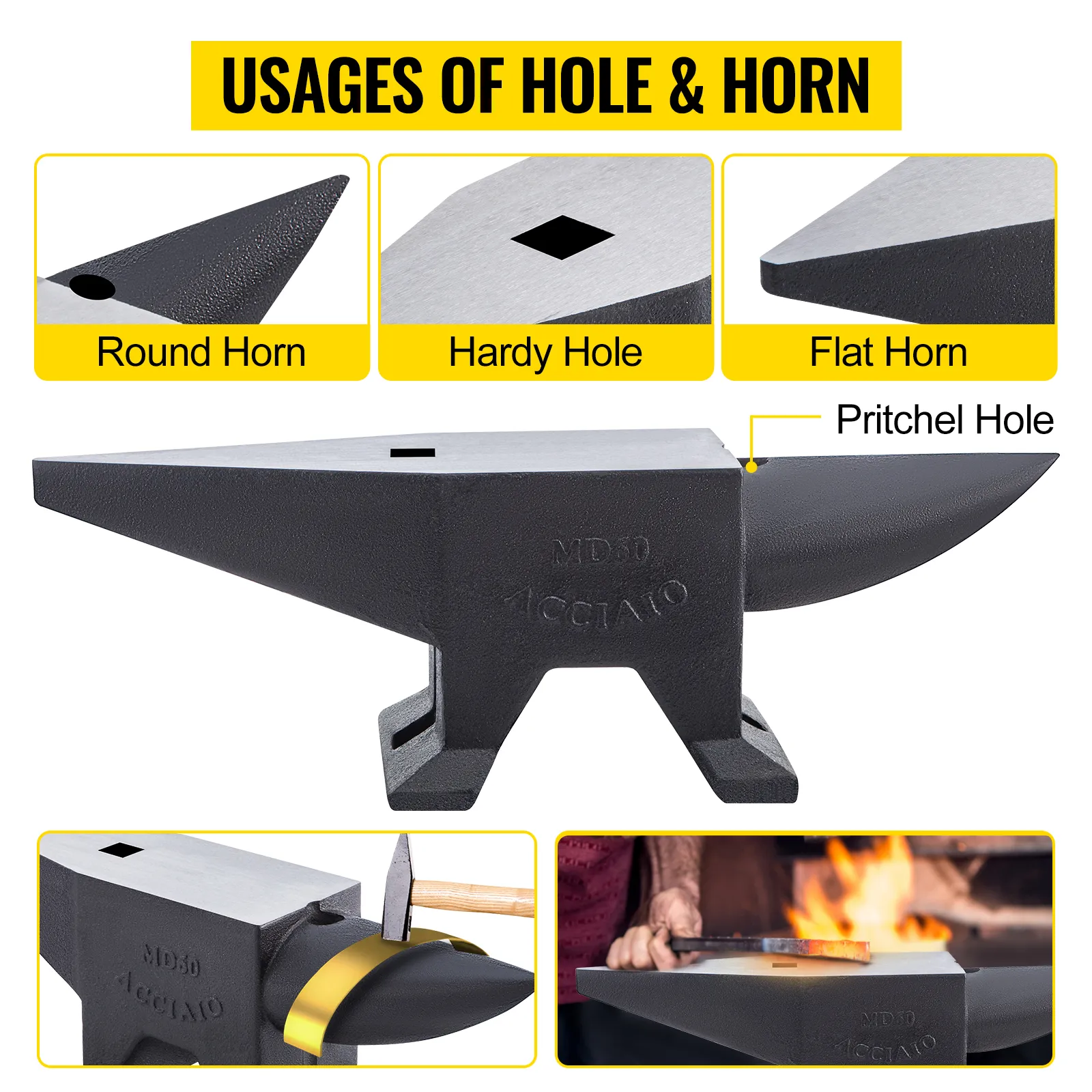 VEVOR cast iron anvil uses: round horn, hardy hole, flat horn, pritchel hole, blacksmithing hammer.