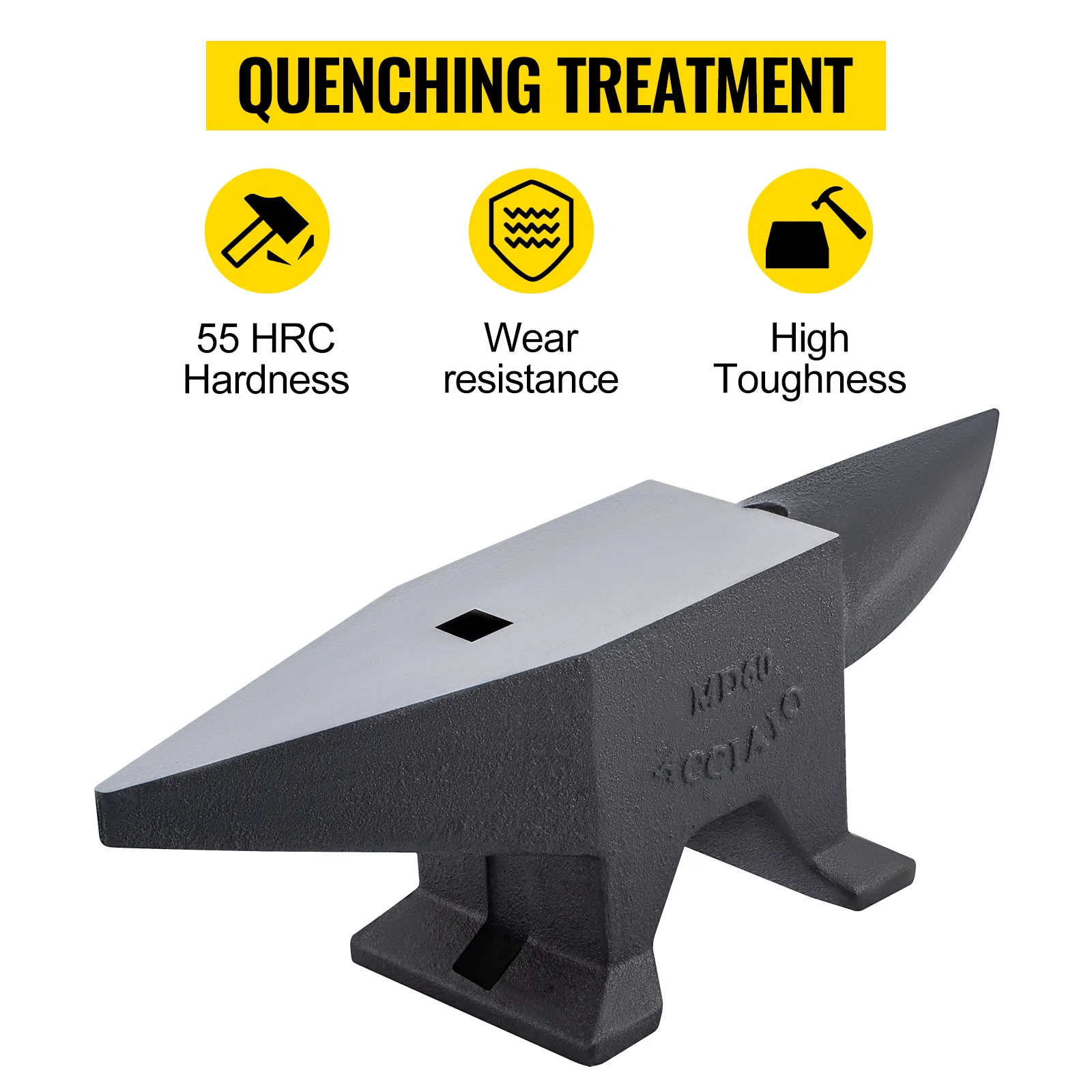 VEVOR cast iron anvil with 55 hrc hardness, wear resistance, and high toughness under quenching treatment.