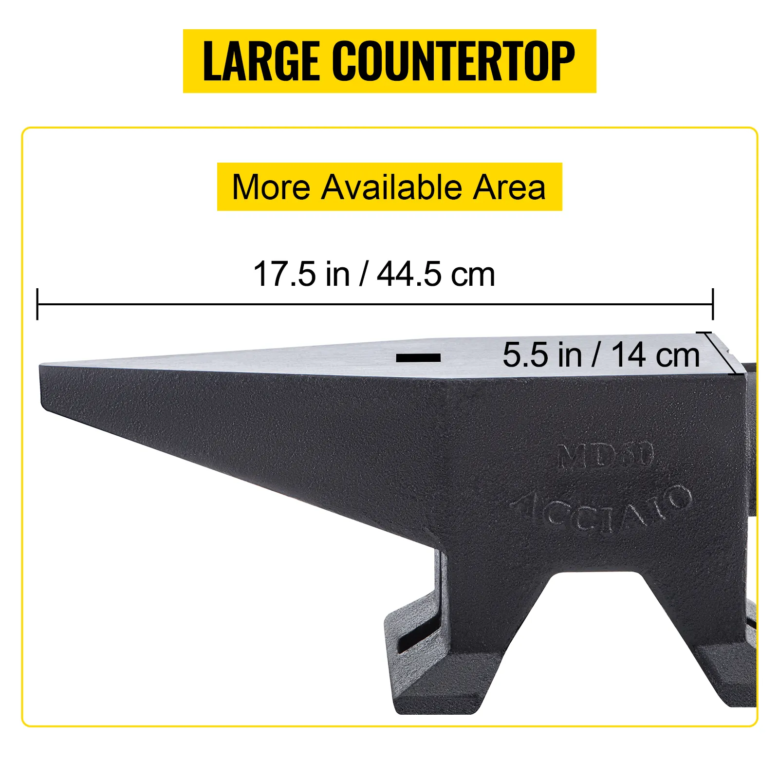 side view of VEVOR cast iron anvil with dimensions 17.5 in/44.5 cm by 5.5 in/14 cm.