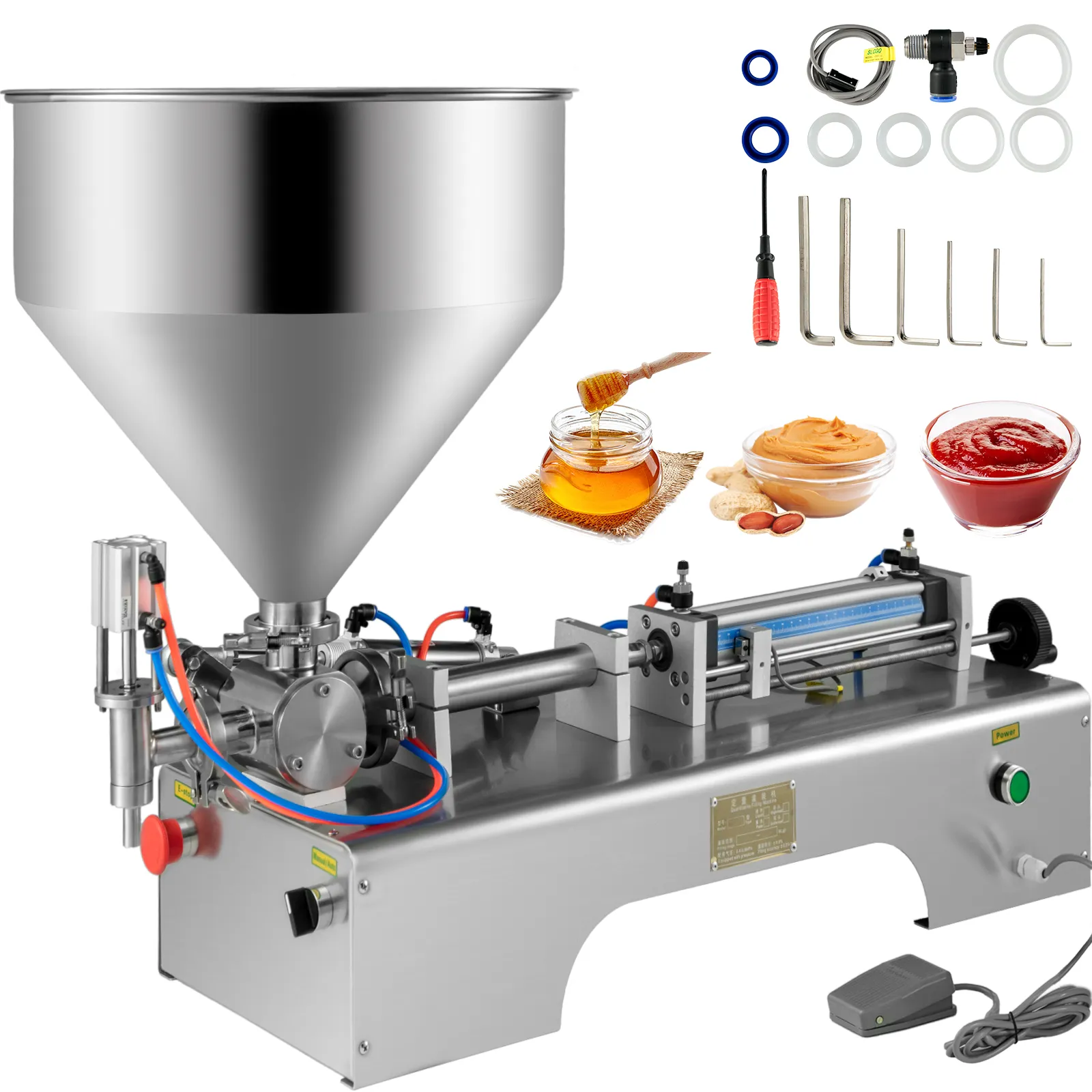 VEVOR pneumatic liquid filling machine with accessories, honey, peanut butter, and ketchup.