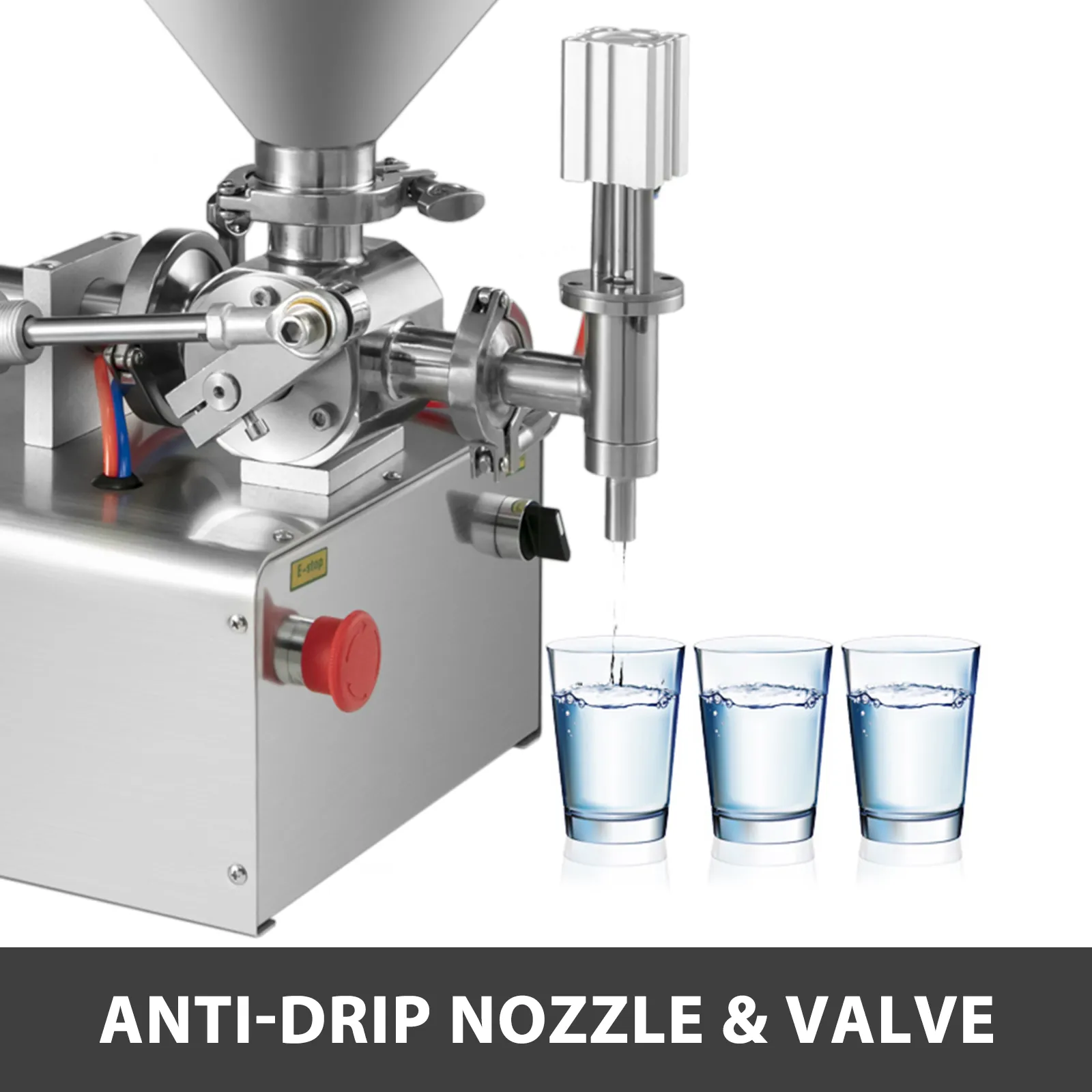 VEVOR pneumatic liquid filling machine with anti-drip nozzle and valve filling glasses.