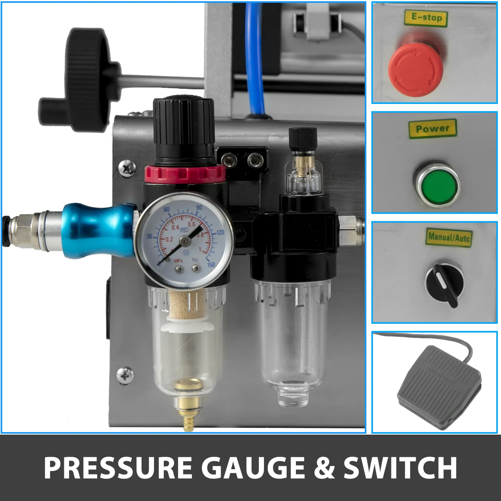 VEVOR pneumatic liquid filling machine: pressure gauge, e-stop, power switch, foot pedal.