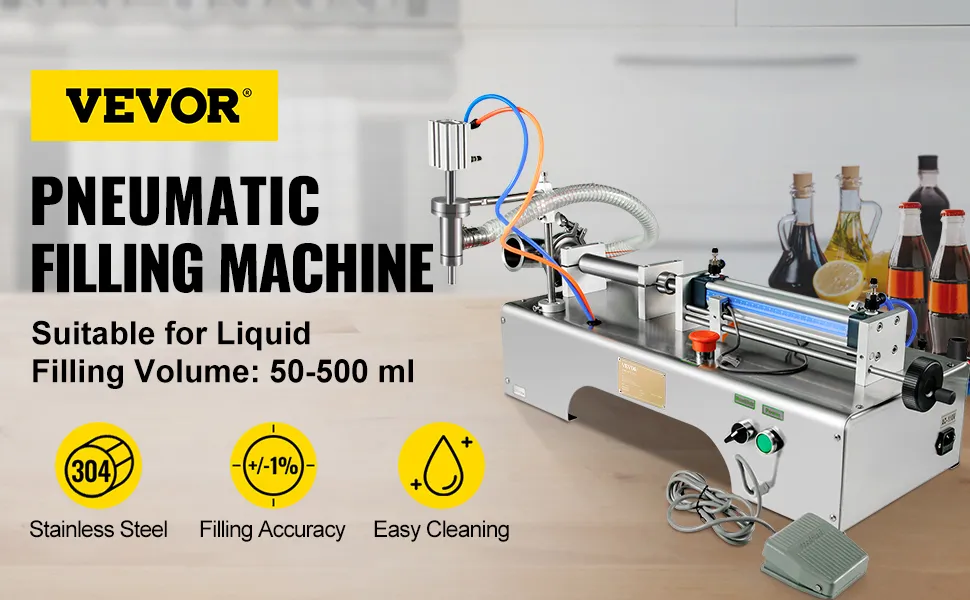 Máquina llenadora de líquidos neumática VEVOR con capacidad de volumen de 50-500 ml, acero inoxidable.