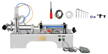 Máquina llenadora de líquidos neumática VEVOR con accesorios, tubos, boquillas y kit de herramientas.