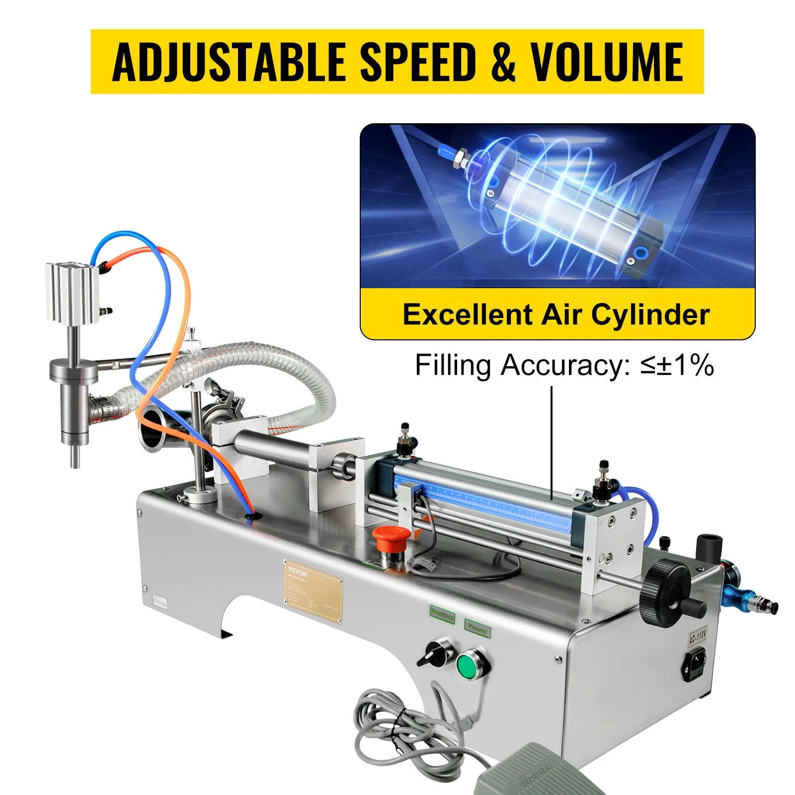 Máquina llenadora de líquidos neumática VEVOR con velocidad y volumen ajustables, alta precisión.