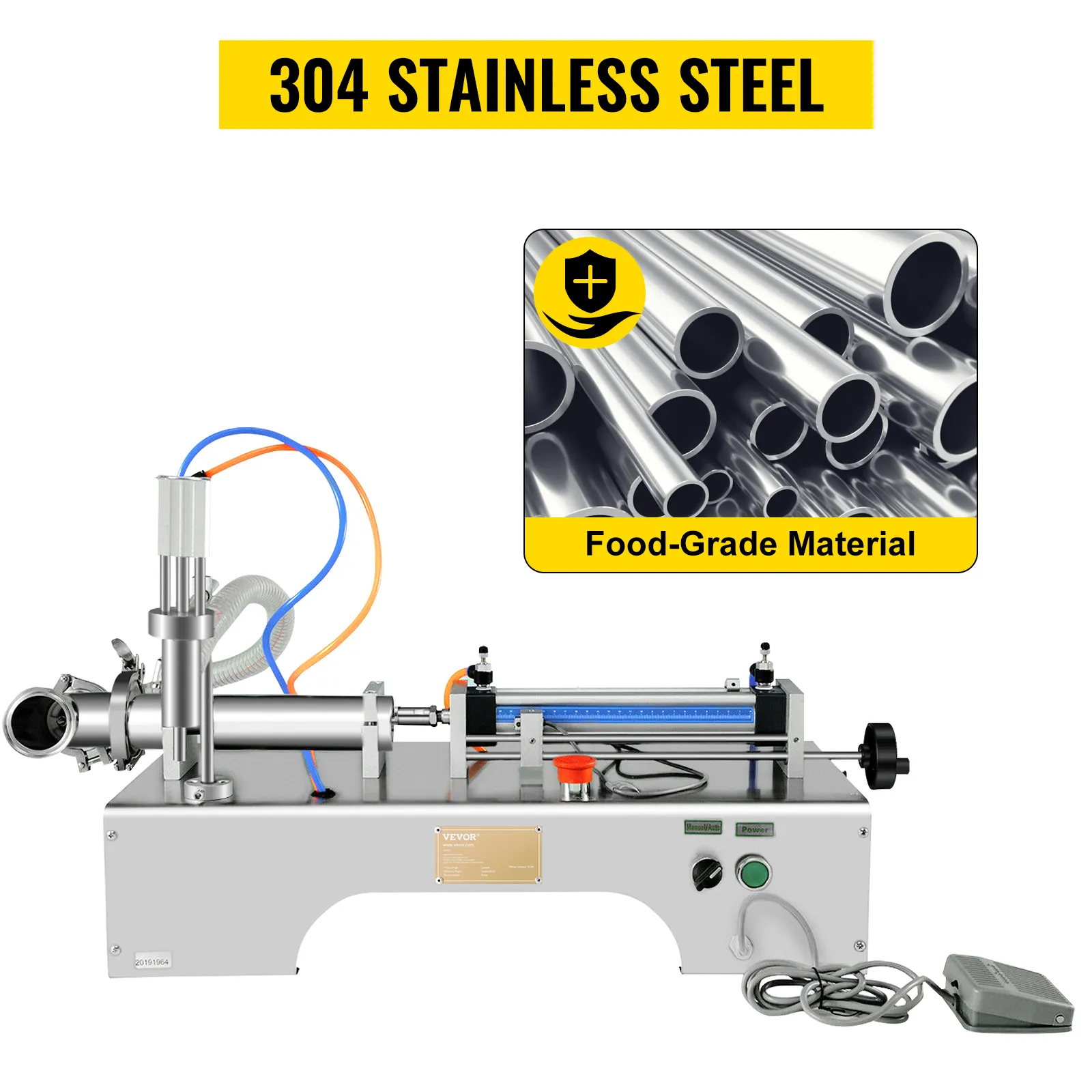 Máquina llenadora de líquidos neumática VEVOR con acero inoxidable 304, material de calidad alimentaria.