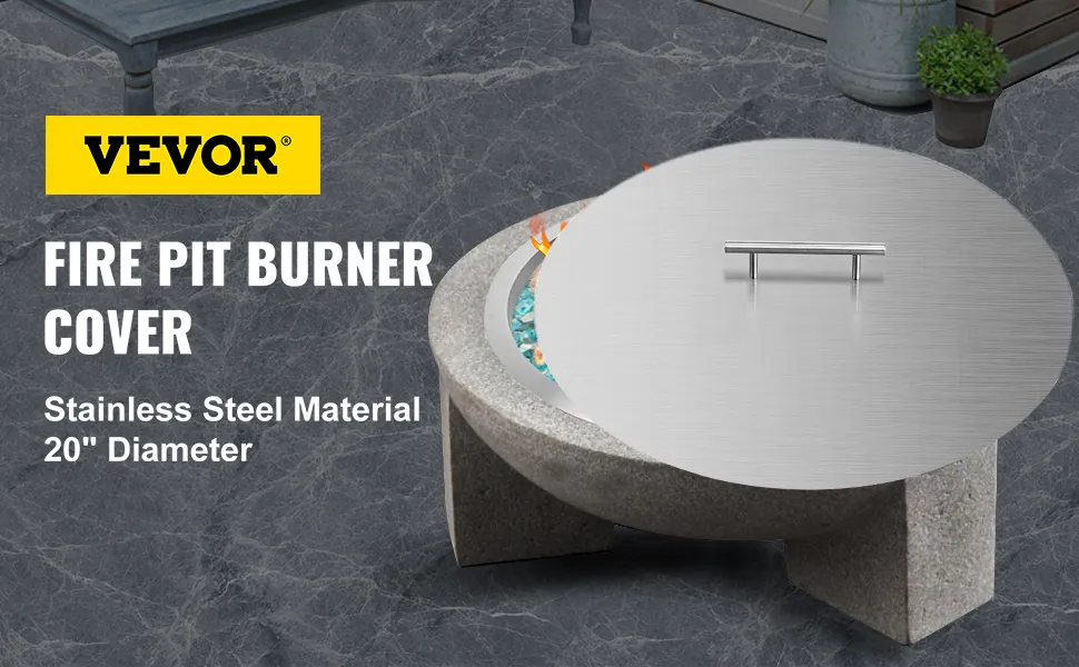 VEVOR fire pit burner cover with stainless steel material and 20" diameter.