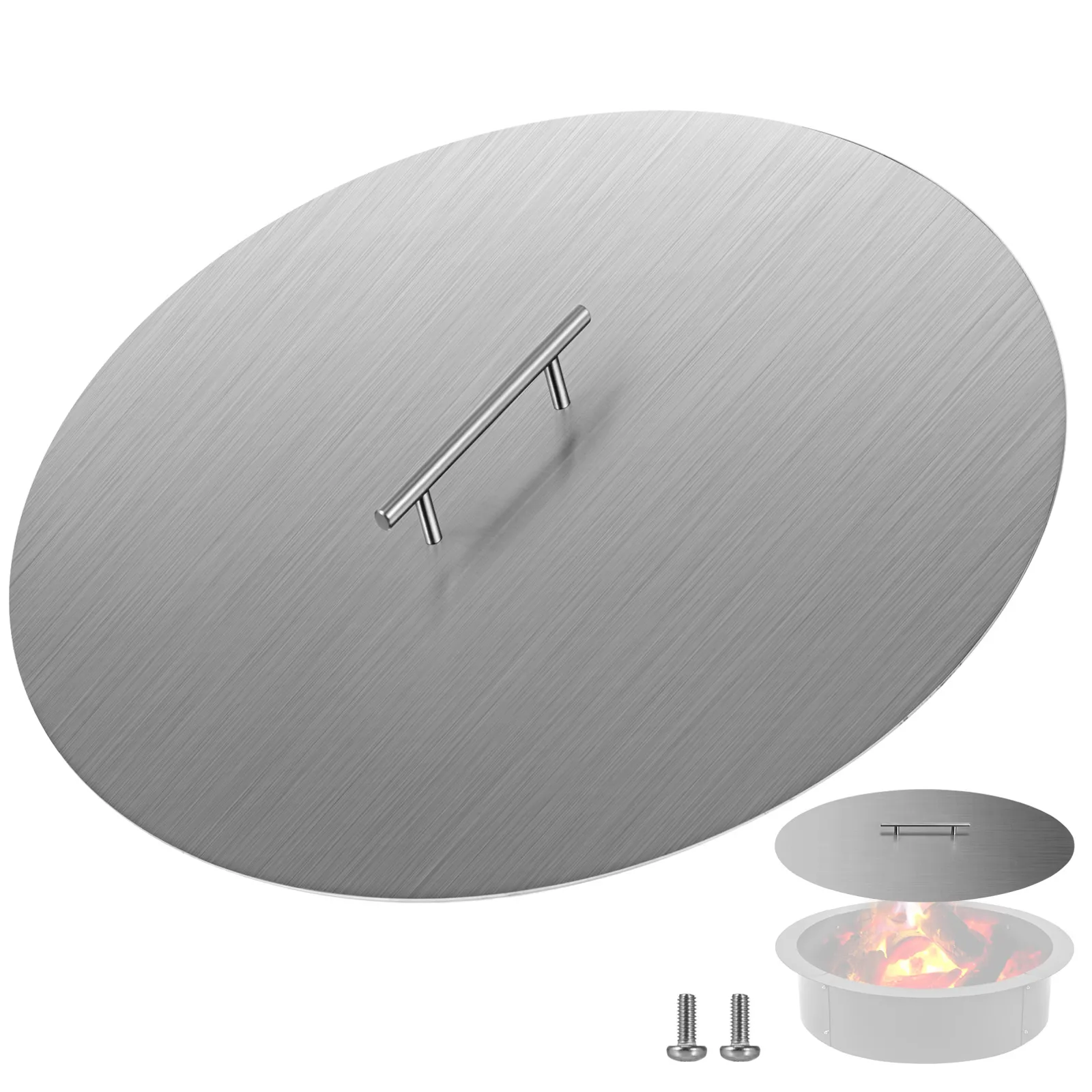 stainless steel VEVOR fire pit lid with handle and screws, fits round fire pits.