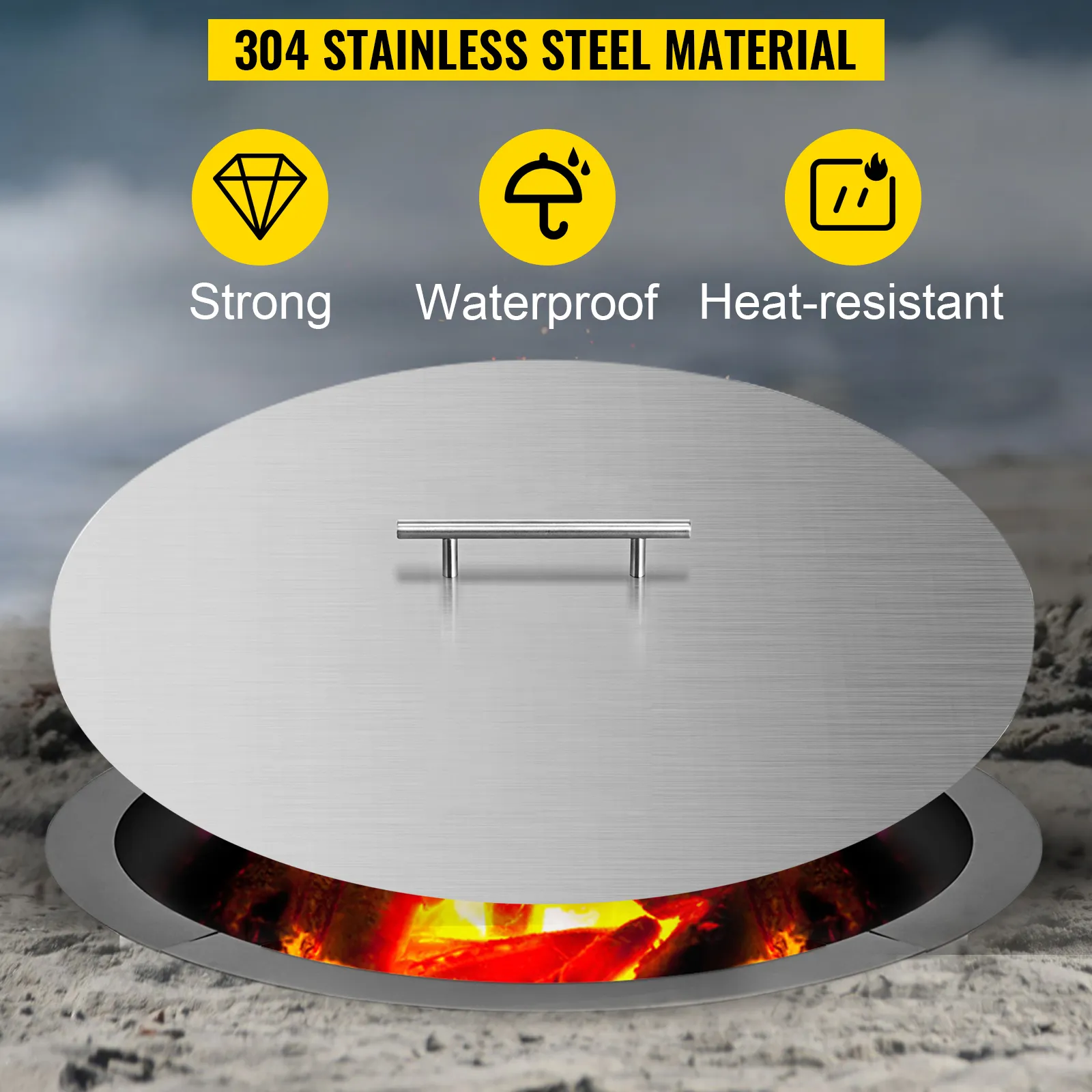 VEVOR fire pit lid - strong, waterproof, heat-resistant 304 stainless steel material.