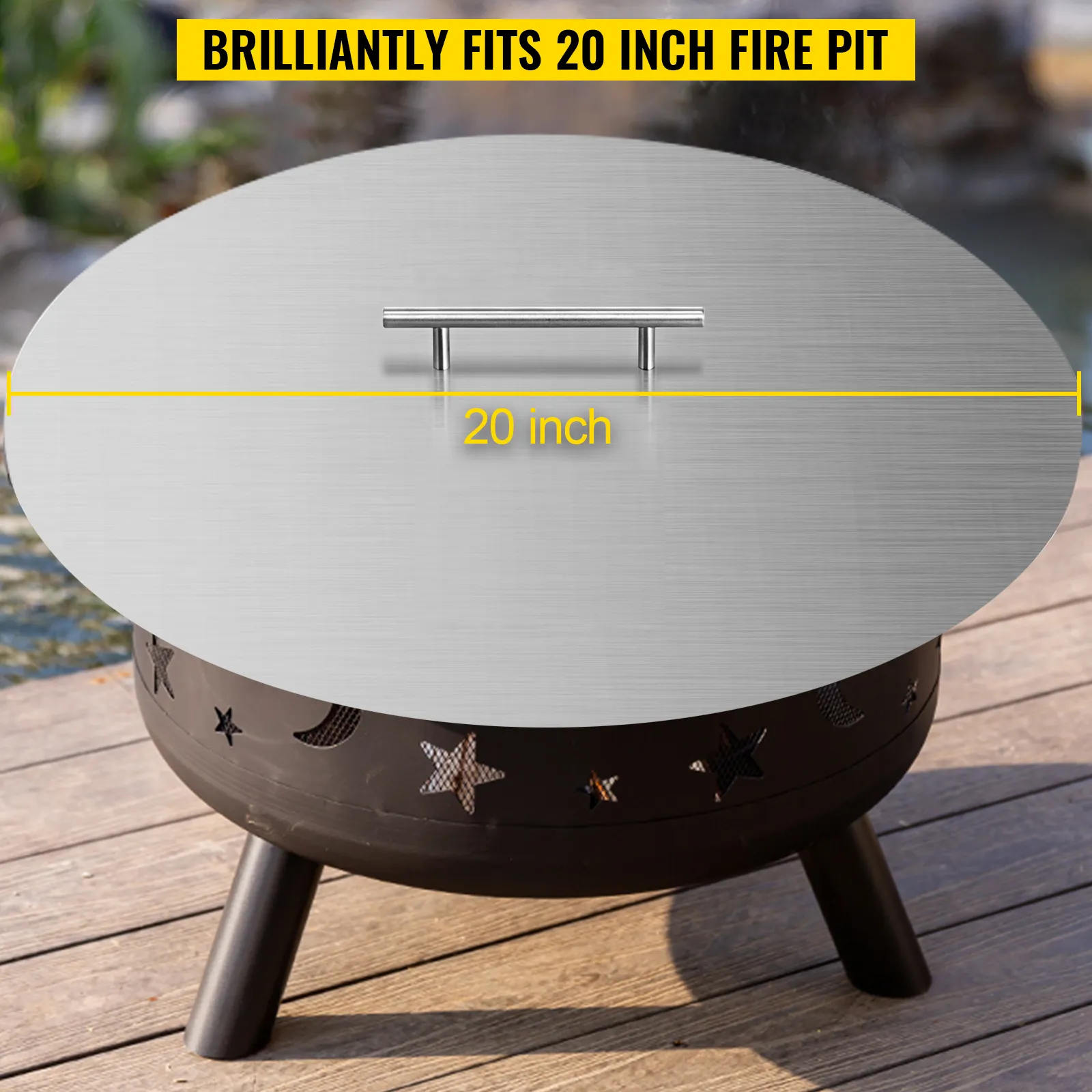 VEVOR fire pit lid fitting a 20-inch fire pit, with metallic surface and handle.