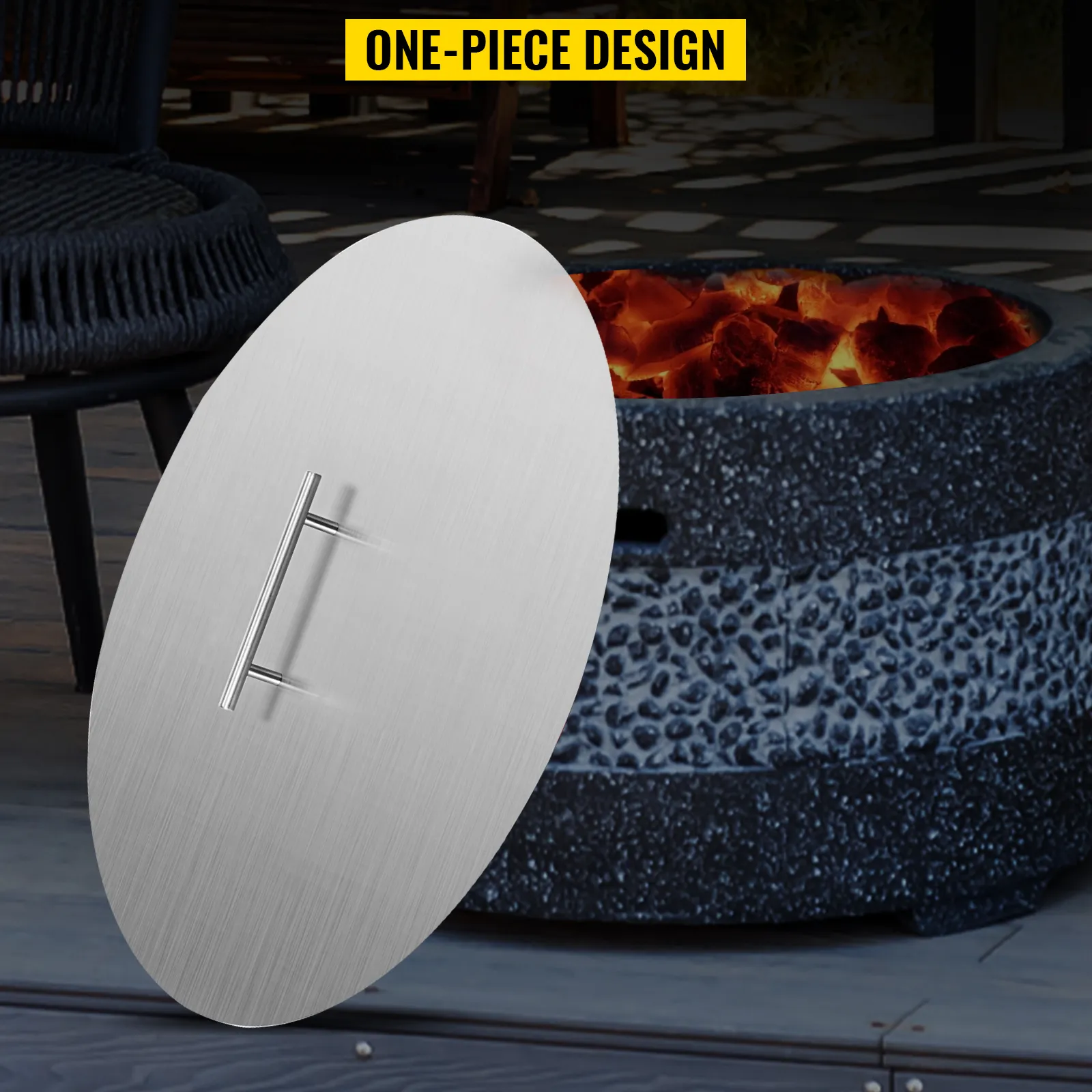 VEVOR fire pit lid in brushed steel, shown on a lit stone fire pit.