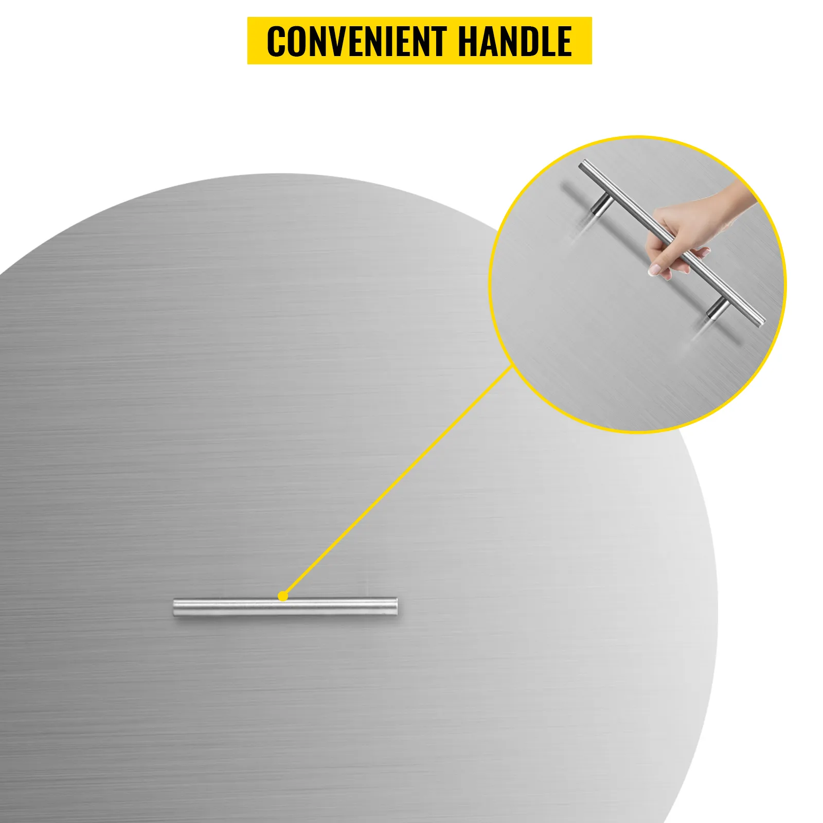 stainless steel VEVOR fire pit lid with a convenient handle for easy lifting.