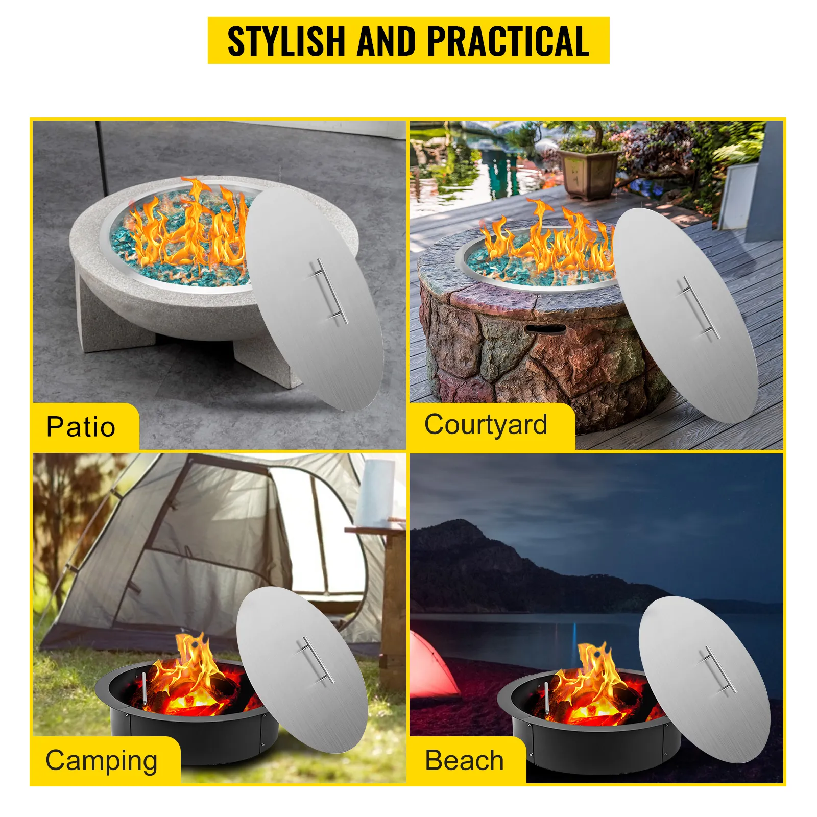 VEVOR fire pit lid displayed in patio, courtyard, camping, and beach settings.